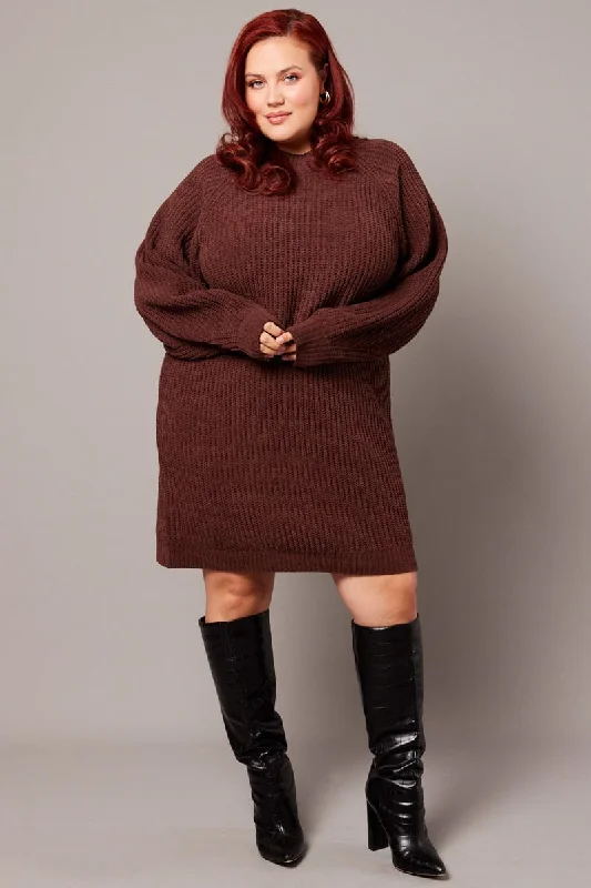 Brown Chenille Sweater Minidress Fitted Slim Tailored