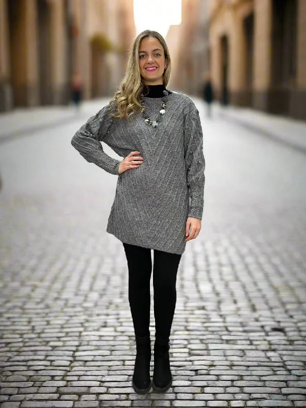 Boho Chic Long Sweater Dress - Gray Spandex Rayon Corduroy