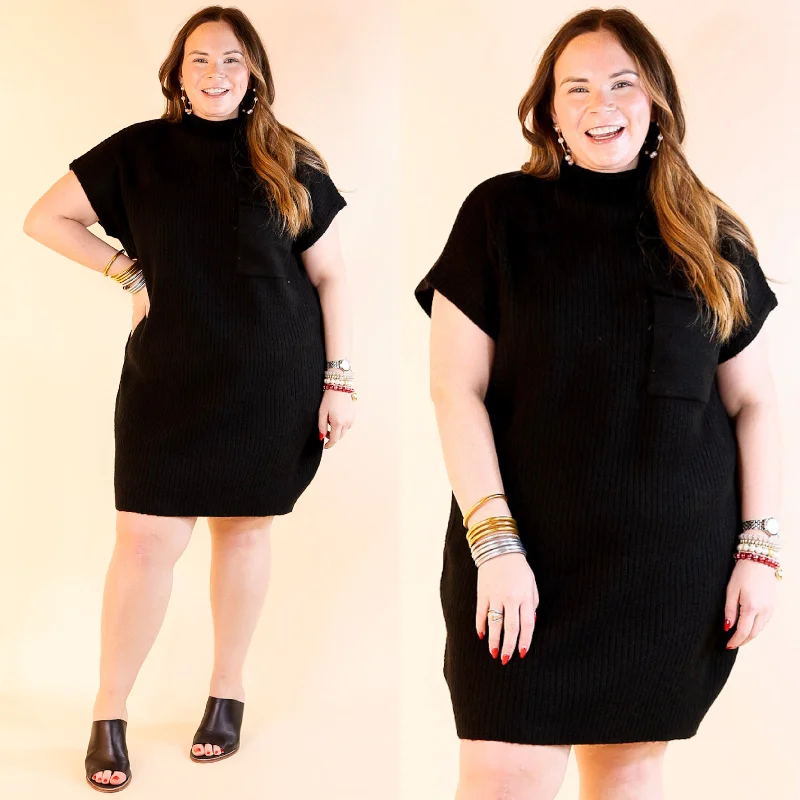 Effortless Charm Cap Sleeve Sweater Dress in Black Terry Terry Cloth Terry Knit