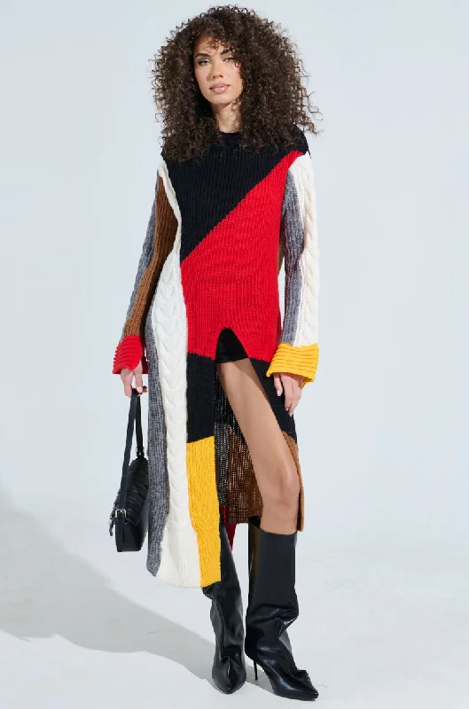 MIXED PATTERN LONG SLEEVE SWEATER DRESS Notch Collar Peter Pan Collar Cowl Neck