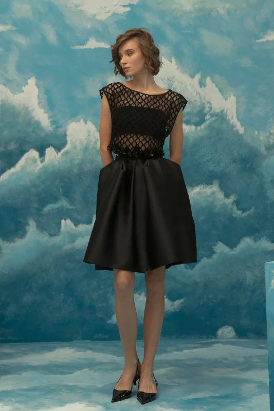 Jewel neckline embelished top with short skirt ribbed skirt waist