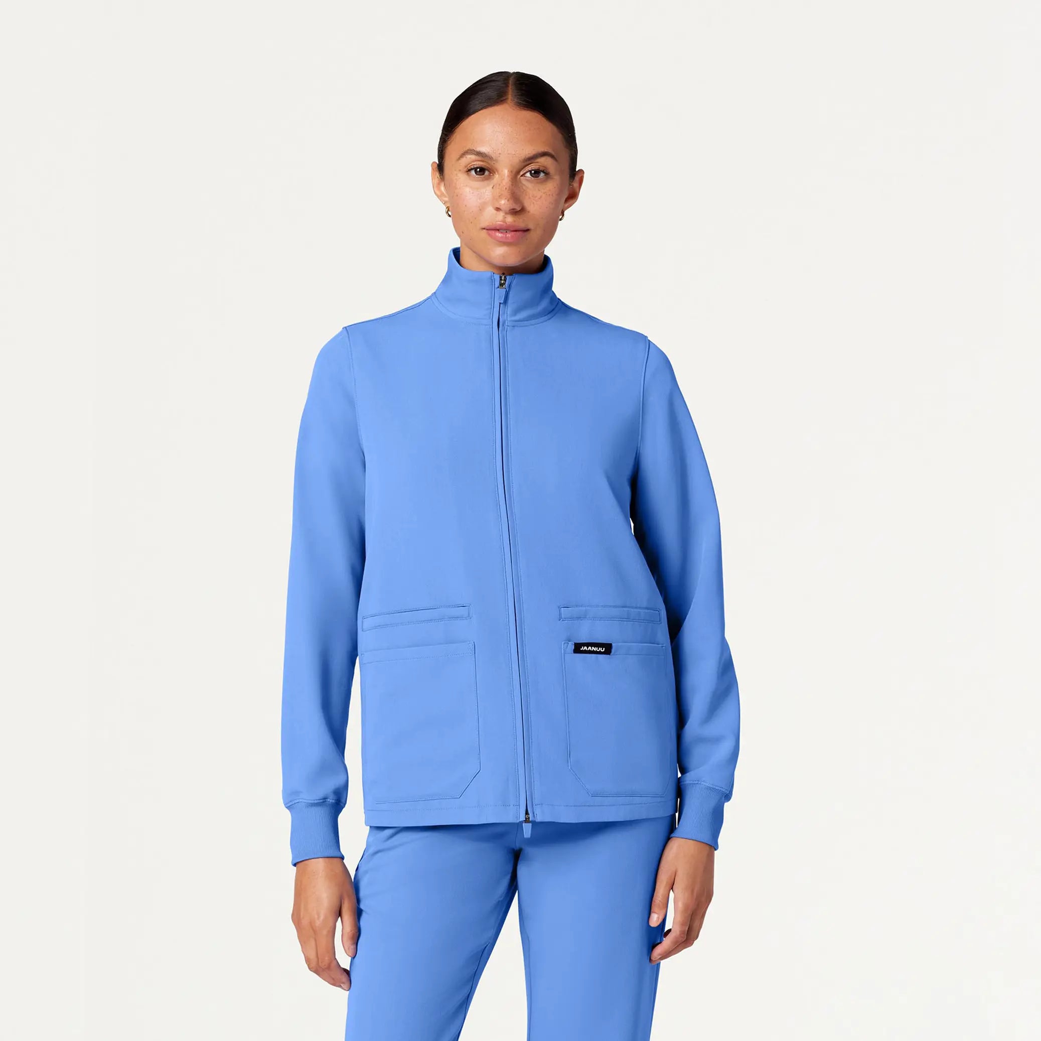 Jaanuu Women's Ceri Essential 6-Pocket Scrub Jacket - Ceil Blue Striped Jacket Polka Dot Jacket Floral Jacket