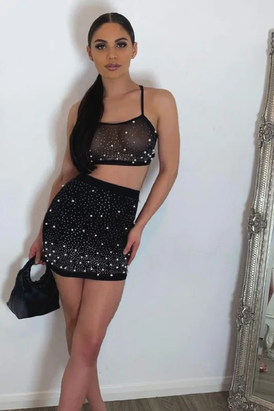 Caution Vip Black Rhinestone & Pearls Two Piece Skirt Top Co Ord Set low waist skirt
