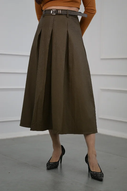 Moss Green  Box Pleated Faux Leather Skirt with Belt satin skirt smooth