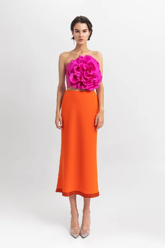Floral detailed top with midi crepe skirt cashmere skirt plush