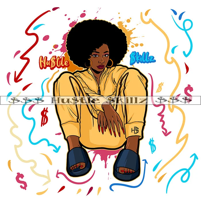 African American Woman Sitting Sexy Pose Vector Afro Hair Style Wearing Yellow Color Jacket Design Element Background Symbol Art Work SVG JPG PNG Vector Clipart Cricut Cutting Files Stand-Up Collar Roll-Neck Collar Turtle Neck