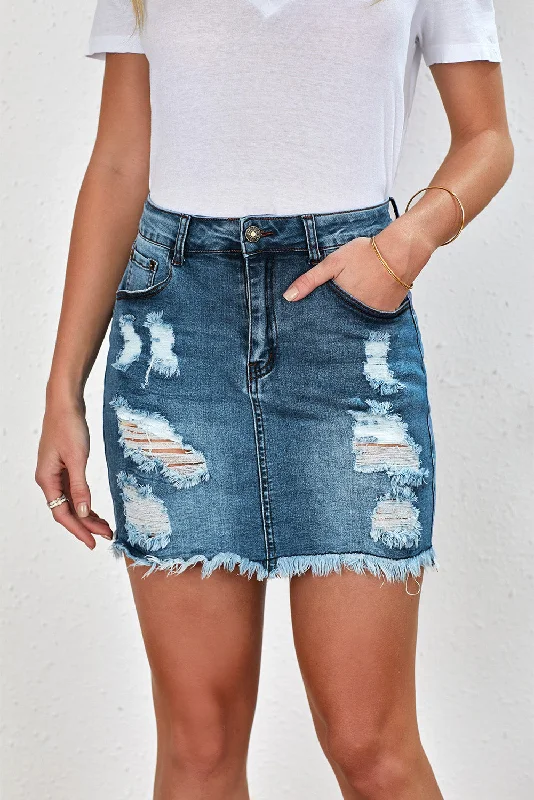 Distressed Raw Hem Denim Mini Skirt cashmere skirt rich