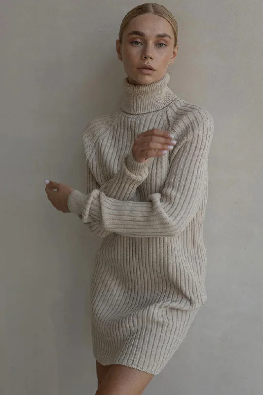 Chic Turtleneck Long Sleeve Chunky Ribbed Knit Winter Sweater Mini Dress - Khaki Ribbed Striped Patterned Chic Turtleneck Long Sleeve Chunky Ribbed Knit Winter Sweater Mini Dress - Khaki Ribbed Striped Patterned