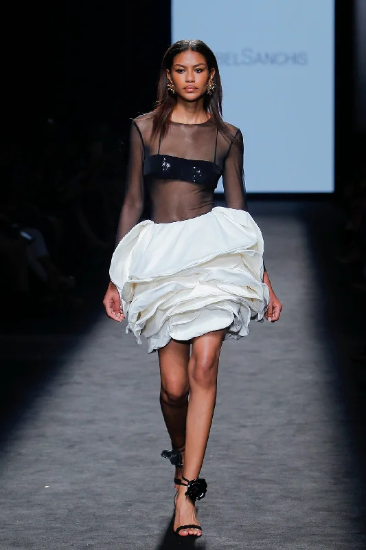 Beaded semi sheer top featuring layered skirt spandex blend skirt