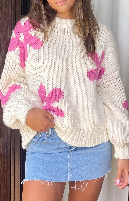 Ryver Cream Flower Knit Sweater Slim Fit Regular Fit Oversized