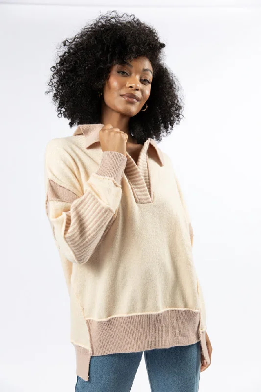 Think About It Cream and Mauve Collared Oversized Sweater FINAL SALE Graphic Sweater Embroidered Appliqued Think About It Cream and Mauve Collared Oversized Sweater FINAL SALE Graphic Sweater Embroidered Appliqued