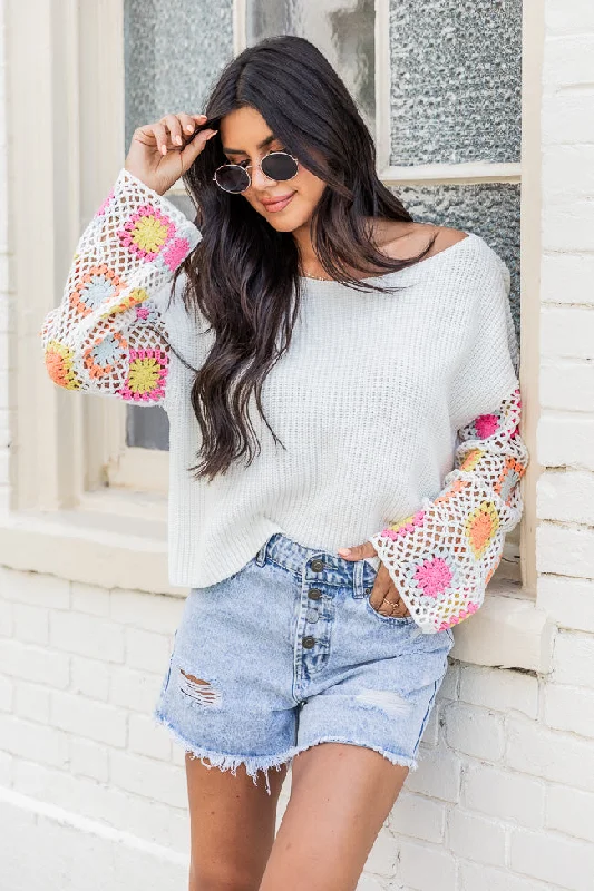 Something To Tell Ivory Bright Multi Crochet Sleeve Sweater  FINAL SALE Elasticated Padded Insulated