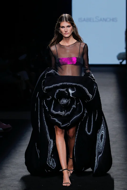 Semi sheer bodice with sculpted liquid fabric skirt modal blend skirt