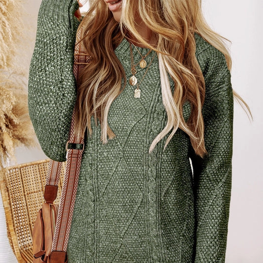 Women's Cable Knit Drop Shoulder Sweater Dress in Mist Green Transparent Opaque Sheer Women's Cable Knit Drop Shoulder Sweater Dress in Mist Green Transparent Opaque Sheer