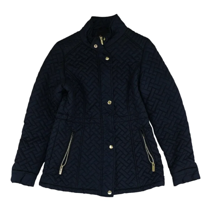Navy Solid Puffer Jacket Zippered Front Buttoned Front Snap Front