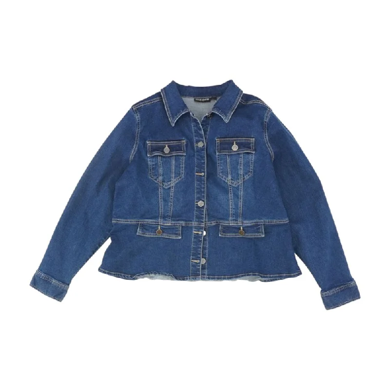 Blue Solid Denim Jacket Zippered Front Buttoned Front Snap Front