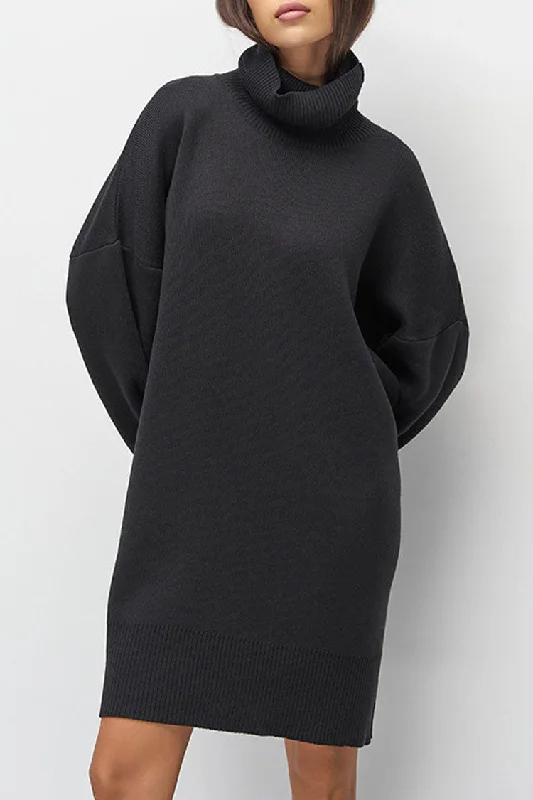 Casual Turtleneck Long Sleeve Shift Winter Oversized Sweater Mini Dress - Black Jersey Fabric Tulle Fabric Batik Fabric