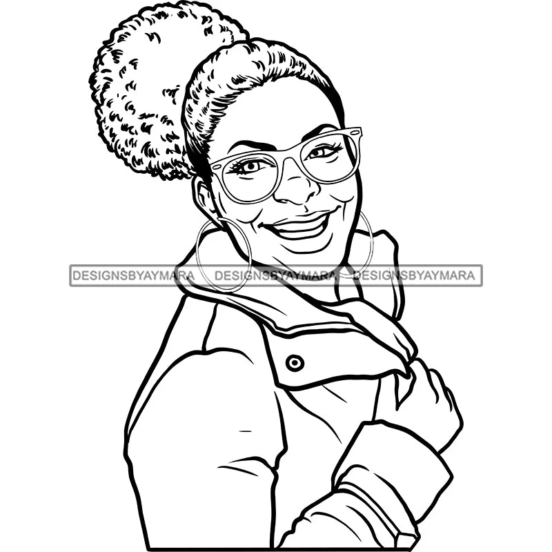 Smiling Old Woman Wearing Winter Coat Jacket Glasses Earrings Jewelry Hair Bun Seniors Grandma Older Lady Classy Mature Elderly Black Girl Magic Melanin Nubian African American Lady SVG JPG PNG Vector Clipart Cricut Silhouette Cut Cutting Black And White Print Jacket Jacquard Jacket Embroidered Jacket