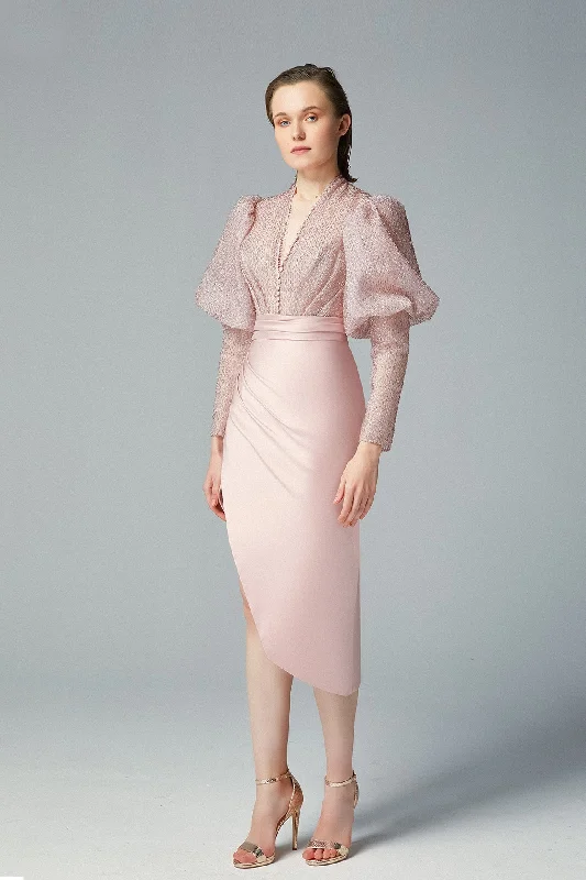 Button detailed top with asymmetric skirt velvet skirt luxury