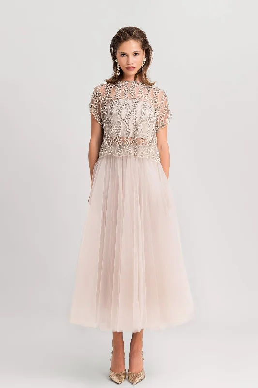 Embroidered top paired with tulle skirt velvet skirt luxurious