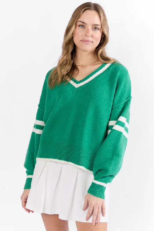 All The Good Green V-Neck Varsity Sweater FINAL SALE Bright Pastel Dark