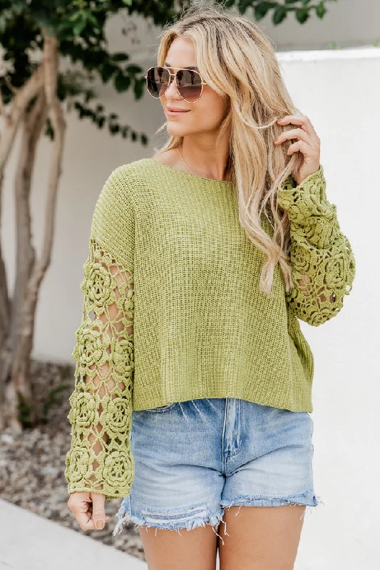 Always My Favorite Green Crochet Sleeve Sweater FINAL SALE Toggled Drawstring Belted