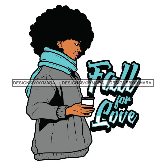 Fall For Love Standing Woman Holding Coffee Cup Wearing Winter Jacket Black Curly Hairs Hair Style Girl SVG JPG PNG Vector Clipart Cricut Silhouette Cut Cutting Trench Coat Raincoat Waterproof Jacket