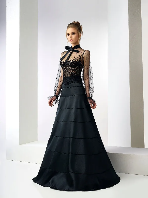 Bow collared neck embroidered top with taffeta skirt casual skirt length