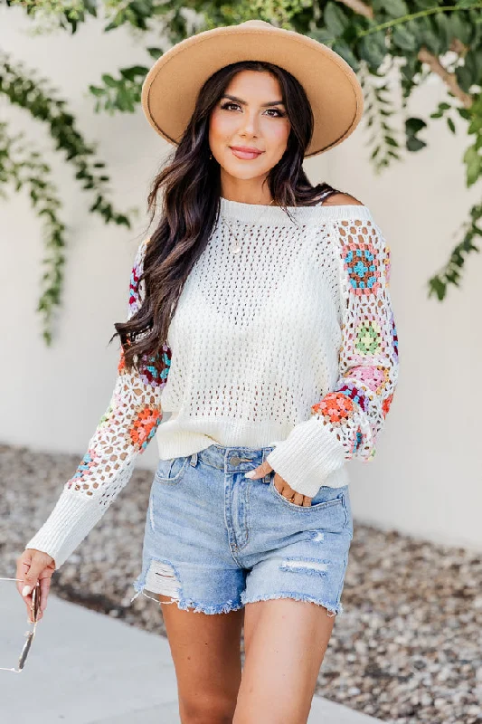 A Wonderful Life Ivory Multi Crochet Sleeve Sweater  FINAL SALE Welt Pockets Slit Pockets Flap Pockets