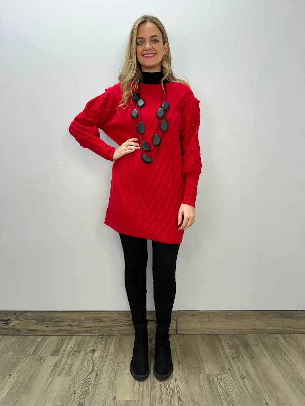 Boho Chic Long Sweater Dress - Red Stretchy Elastic Breathable