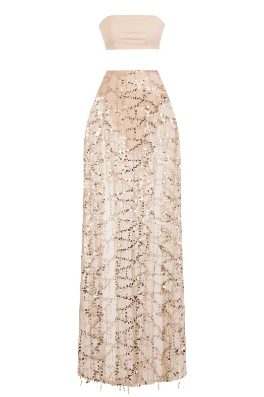 Latina Nude Sheer Gold Sequin Tassel Double Slit Skirt Co Ord Set mini skirt trendy