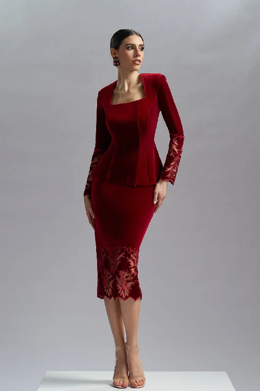 Wine velvet top with midi skirt linen skirt airy