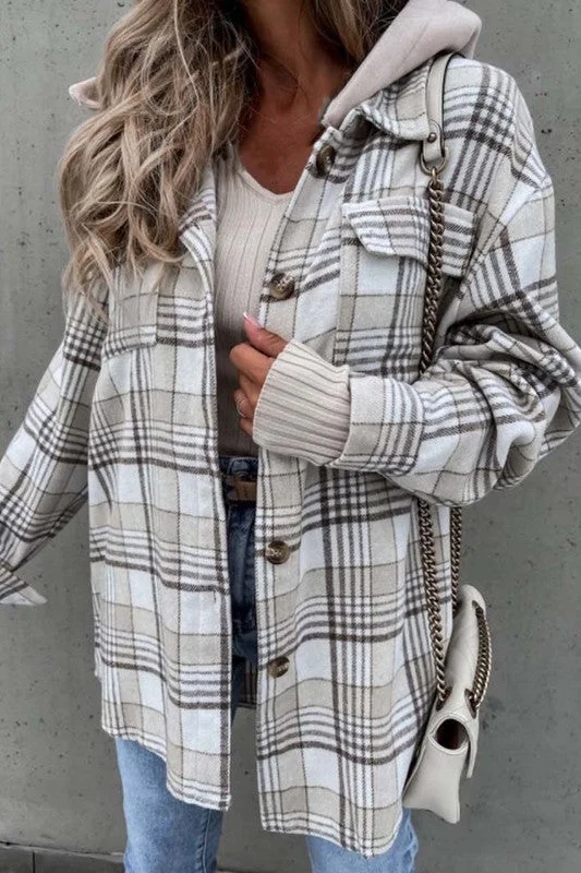 WOMEN THICK PLAID HOODED JACKET SHIRTS Chenille Fabric Brocade Fabric Lace Fabric