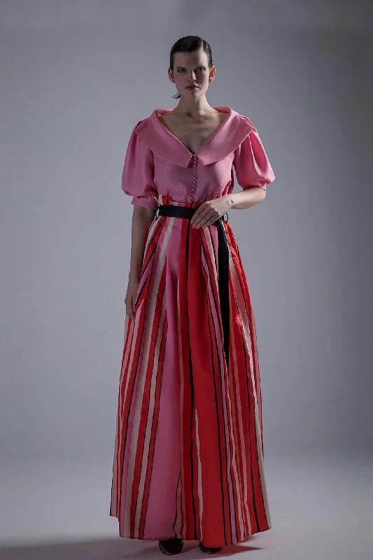 Open neckline button detailed top with striped motif skirt zip skirt side
