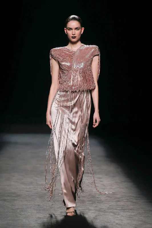 Chain motif top with silk skirt flowy skirt hem