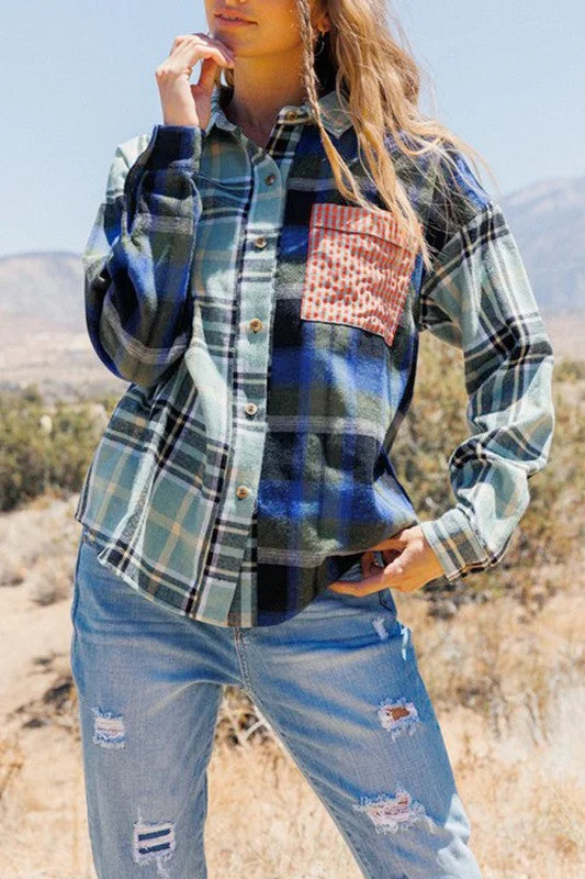 MIX PLAID BUTTON-DOWN SHIRT JACKET Welt Pockets Slit Pockets Flap Pockets