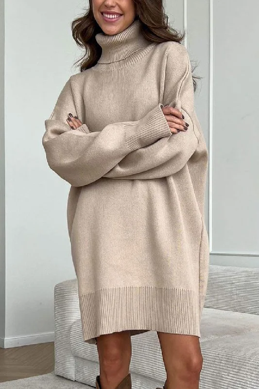 Casual Turtleneck Long Sleeve Shift Winter Oversized Sweater Mini Dress - Khaki Solid Print Embellished Casual Turtleneck Long Sleeve Shift Winter Oversized Sweater Mini Dress - Khaki Solid Print Embellished