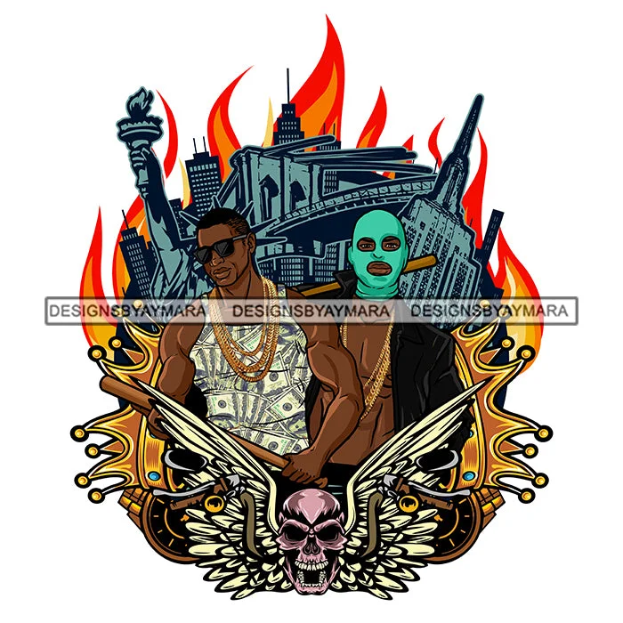 Black Man Gang Standing Wearing Cash Money Vest Jacket Golden Gold Chain Necklace Jewelry Baseball Bat Skull Skeleton Gangster Hustler Hustle Nubian African American Boy SVG JPG PNG Vector Clipart Cricut Silhouette Cut Cutting Zippered Front Buttoned Front Snap Front