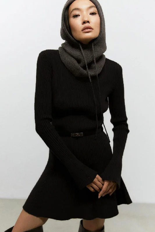 Chic High Neck Flared Long Sleeve Rib Knit Winter Sweater Mini Dress - Black Ribbed Striped Patterned