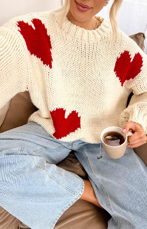 Chandi Cream Heart Chunky Knit Sweater Cable Knit Ribbed Knit Lace Knit