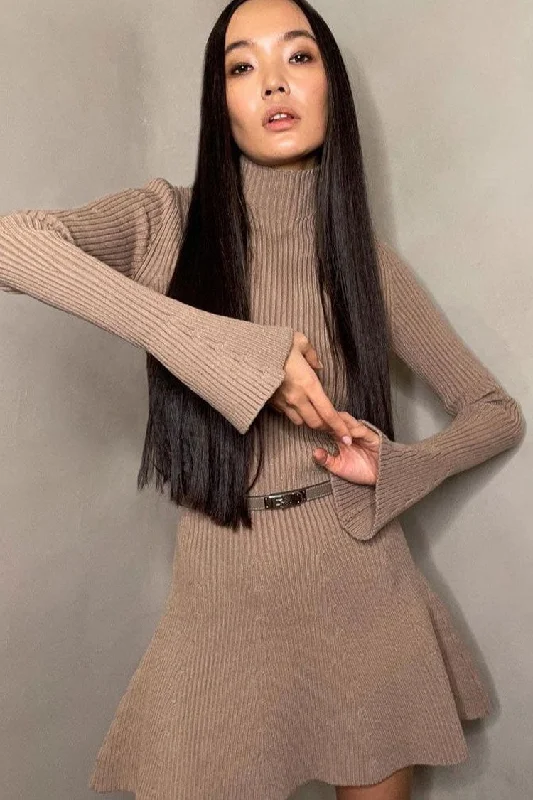 Chic High Neck Flared Long Sleeve Rib Knit Winter Sweater Mini Dress - Khaki Embroidered Appliqued Beaded Chic High Neck Flared Long Sleeve Rib Knit Winter Sweater Mini Dress - Khaki Embroidered Appliqued Beaded