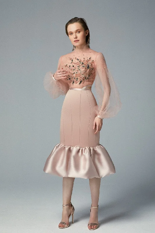 Puff sleeves beaded top with skirt asymmetrical skirt cut