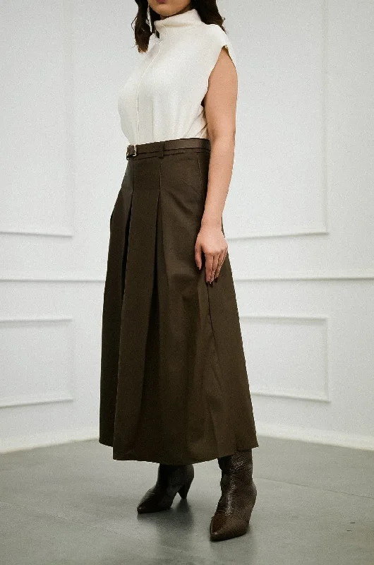 Elegance Box Pleated Faux Leather Skirt with Belt silk skirt elegant