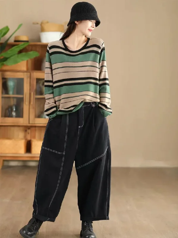Women's Autumn and Winter Retro Striped Knitted Sweater Open Front Closed Front Wrap Front