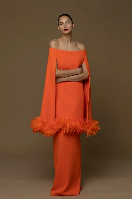 Long feather trim top with column skirt ribbed skirt waist