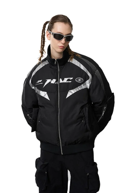 Multi Pocket Silver Logo Motor Down Jacket Zippered Jacket Buttoned Jacket Snapped Jacket