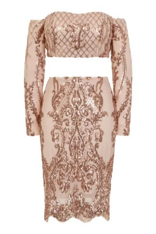 Lust Luxe Rose Gold Sequin Brocade Two Piece Skirt Top Co Ord Set belted skirt waist