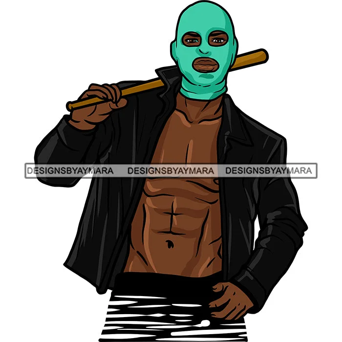 Black Man Standing Wearing Black Jacket Ski Mask Blue Holding Baseball Bat Gangster Hustler Hustle Dope Street Gangster Bisep Nubian African American Boy SVG JPG PNG Vector Clipart Cricut Silhouette Cut Cutting Faux Fur Fabric Real Fur Fabric Shearling Fabric