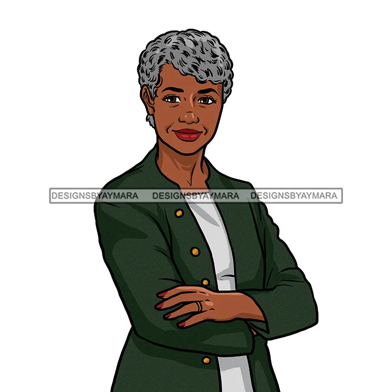 Older Black Woman Senior Citizen Granny Grandma Gray Hair Green Jacket Arms Folded Skillz JPG PNG  Clipart Cricut Silhouette Cut Cutting Zip Front Button Front Snap Front