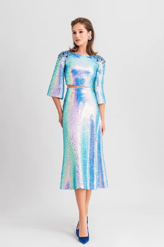 Cropped top with flared midi skirt silk skirt lustrous